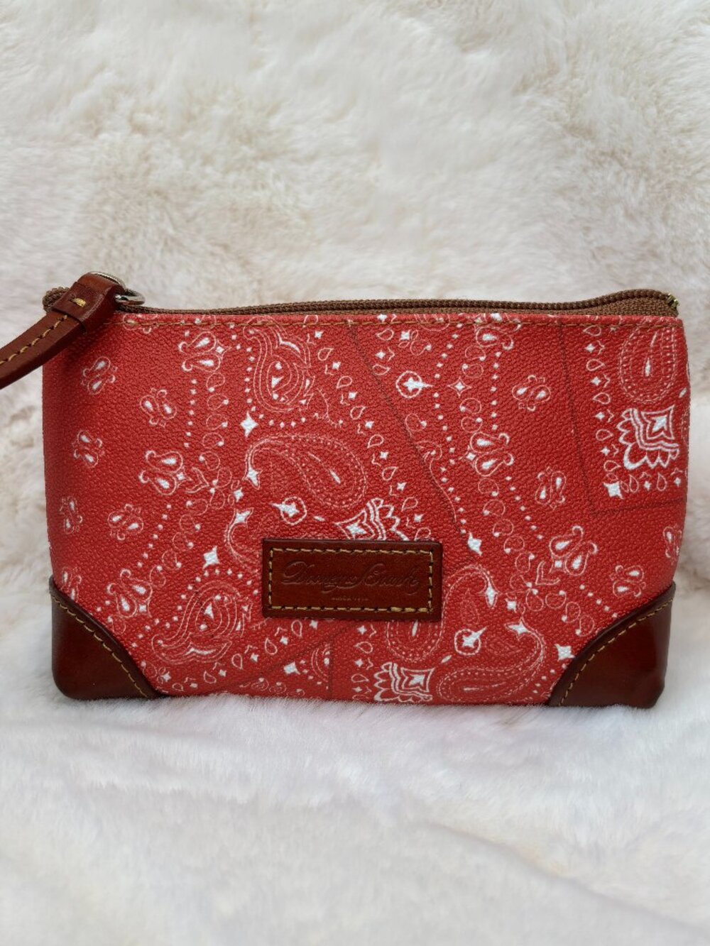 Dooney & Bourke Red Paisley Print Coated Canvas with Brown Leather Corners Pouch